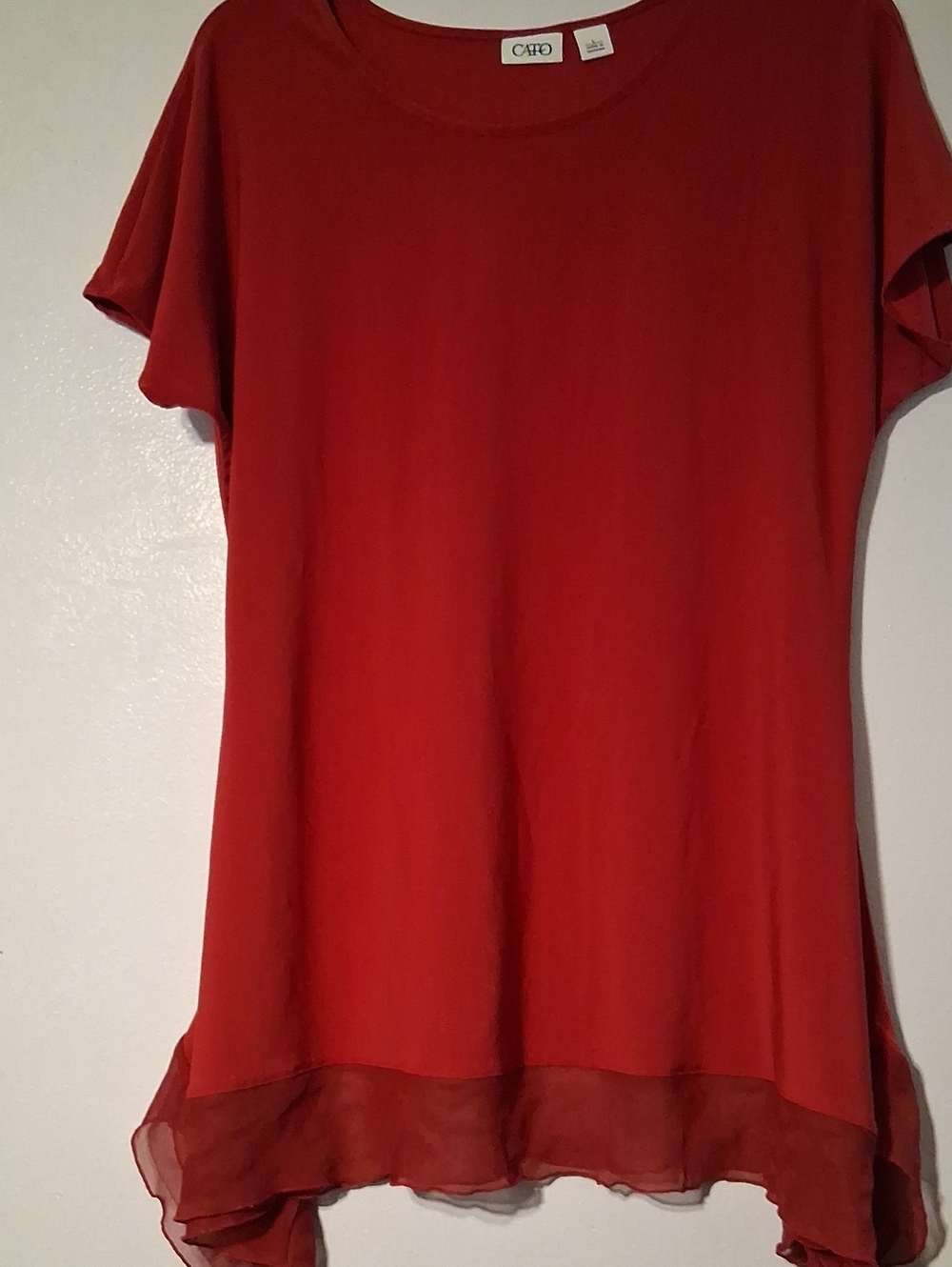 Cato Red Short-Sleeve Tunic with Sheer Hem